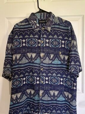 Expressions Men's Size Large (L) 100% Cotton Woven Tribal Geometric Short Sleeve